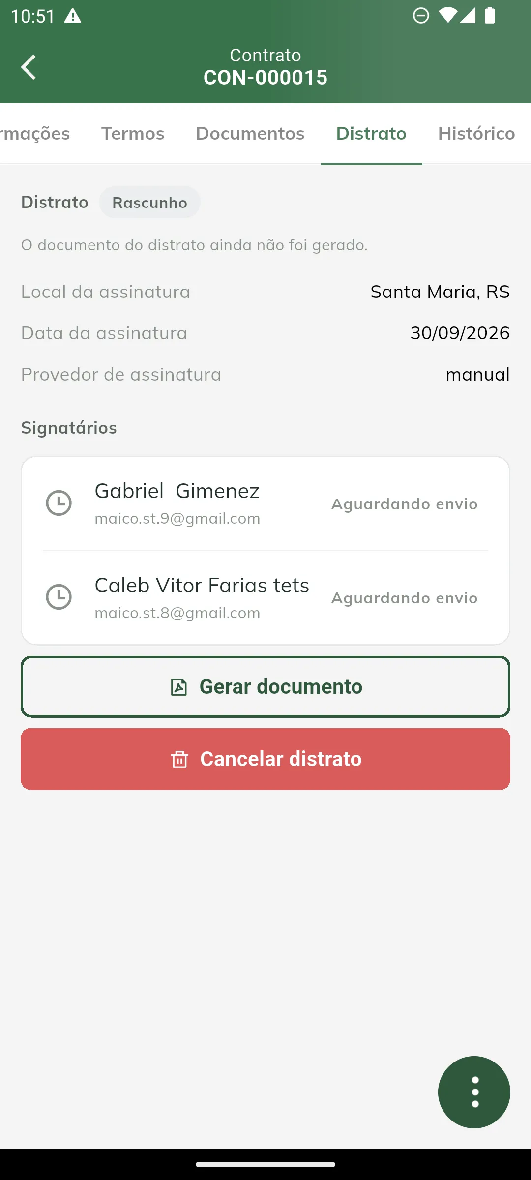 Aba Distrato com o distrato em Rascunho