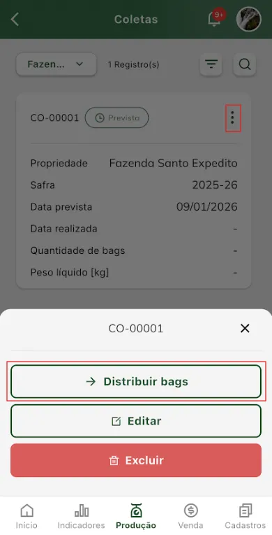 Iniciar distribuição de bags da coleta