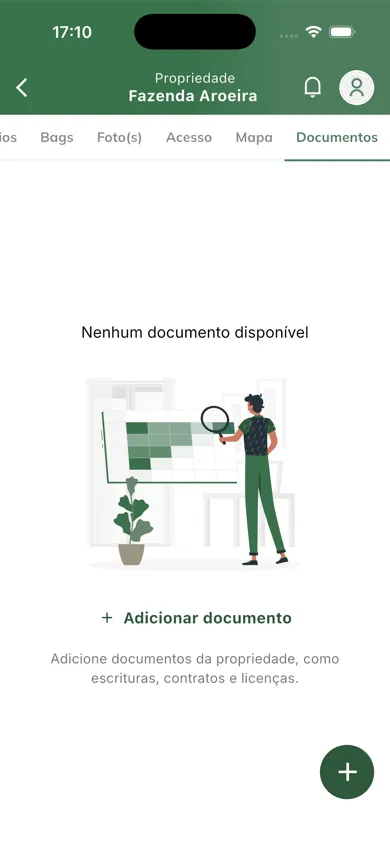Tela: aba de documentos da propriedade sem documentos cadastrados Aba de documentos da propriedade