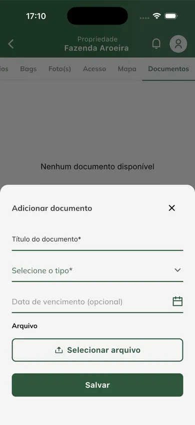 Tela: formulário para adicionar documento da propriedade Formulário de novo documento da propriedade