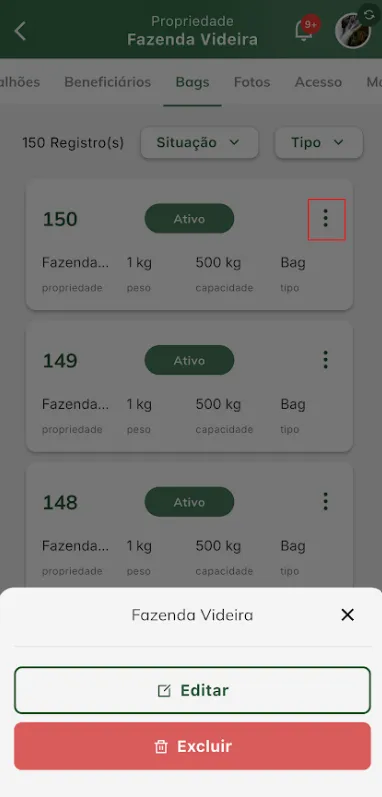 Iniciar edição cadastro de bags