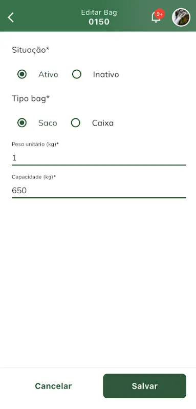 Edição do cadastro de bags