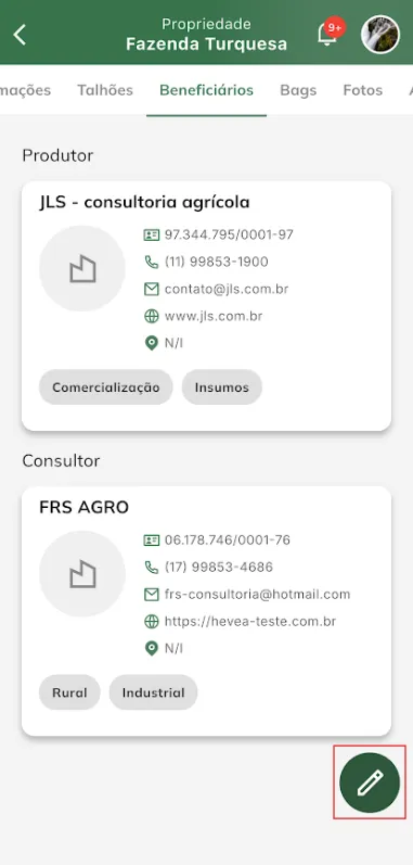 Tela: Editar beneficiario da propriedade Editar beneficiário da propriedade