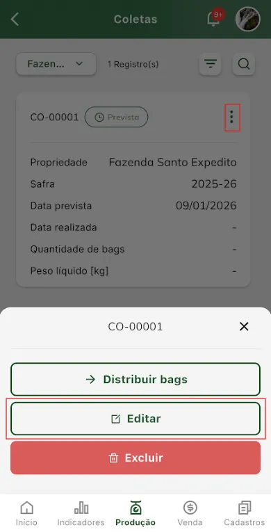 Iniciar edição de coleta
