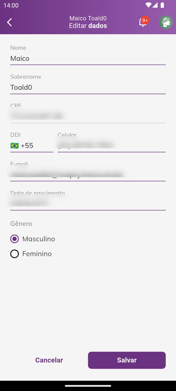Tela Editar dados