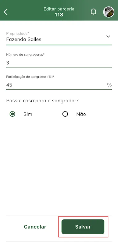Tela: salvar edição de parceria Salvar edição de parceria