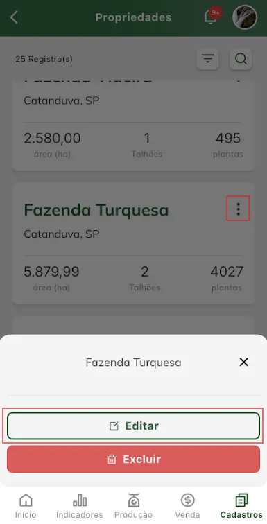 Tela: Editar propriedade Editar propriedades