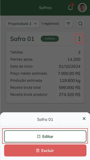 Iniciar edição de safra Iniciar edição de safra