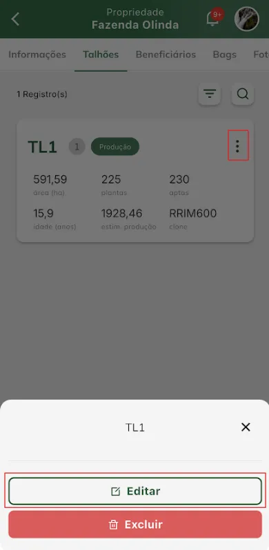 Editar talhão Editar talhão