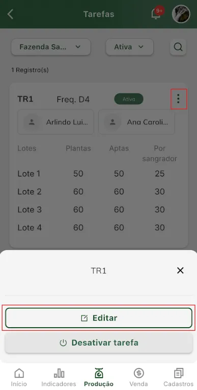 Iniciar edição de tarefa
