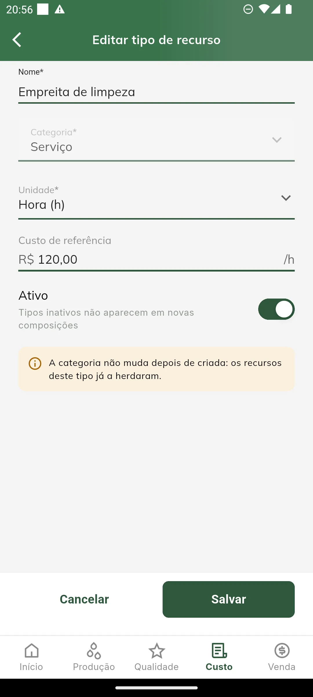 Edição de tipo de recurso