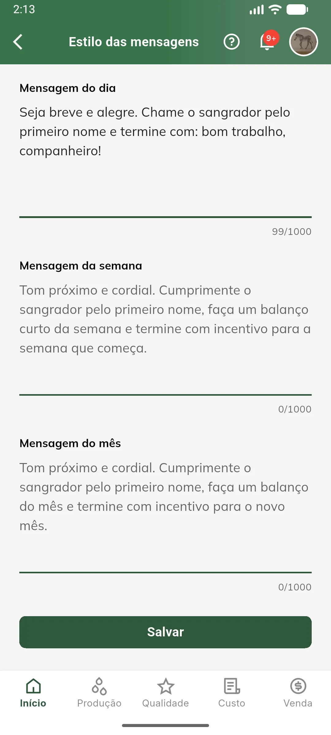 Campo Mensagem do dia preenchido e o botão Salvar habilitado