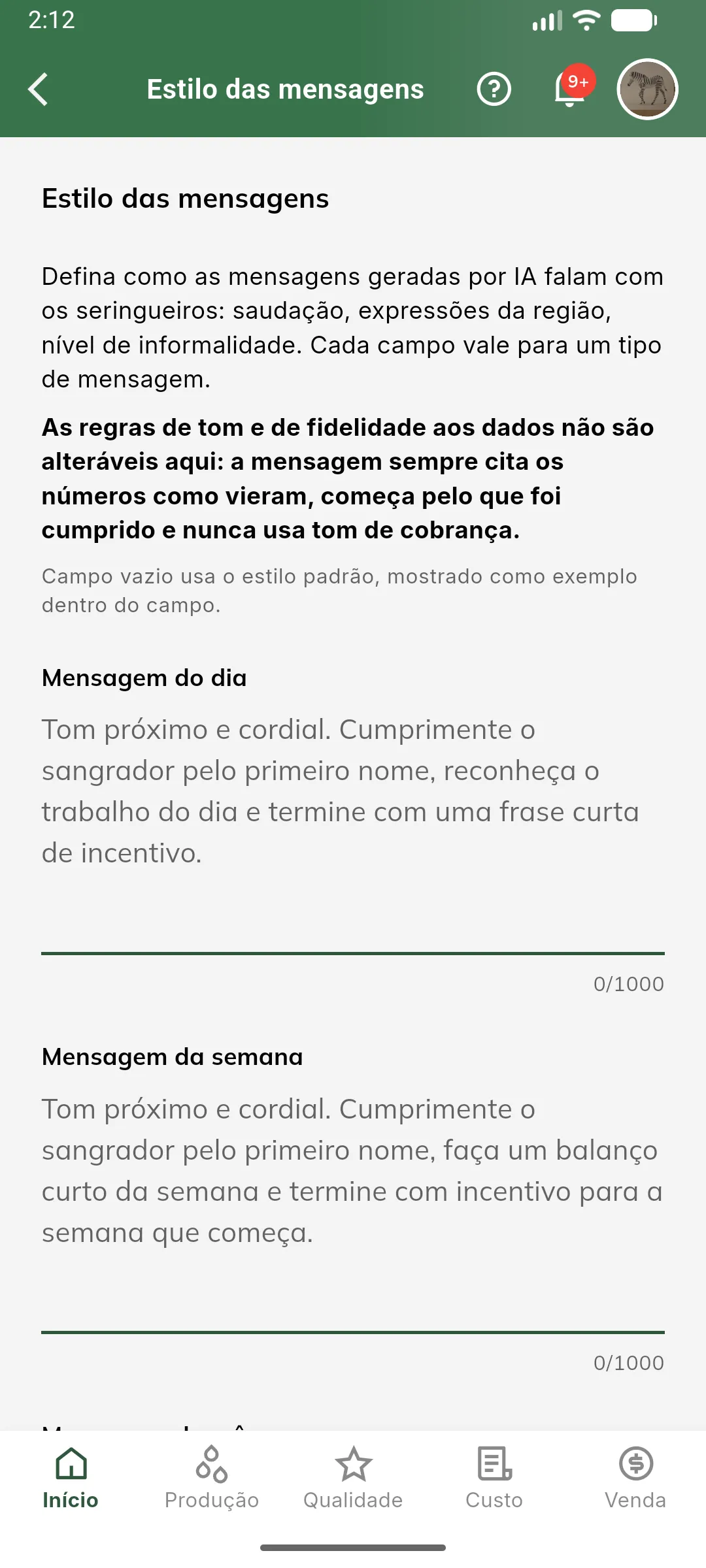 Tela Estilo das mensagens