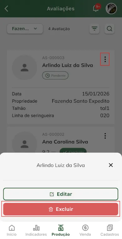 Iniciar exclusão de avaliação