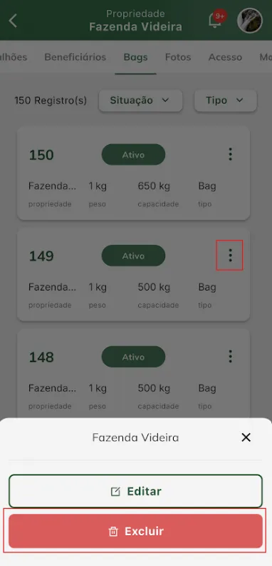 Início de exclusão de bags