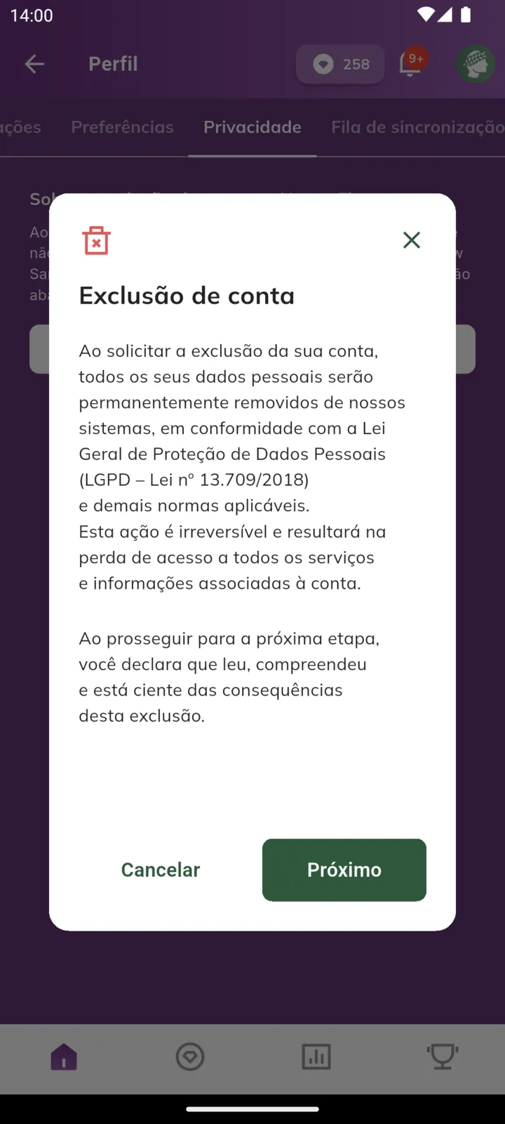Diálogo de exclusão de conta