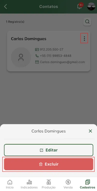 Tela: excluir contato Excluir contato