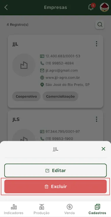 Excluir cadastro de empresa