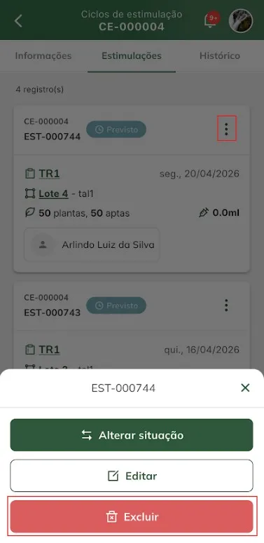 Excluir estimulação pela tela de exibição do registro do ciclo Excluir estimulação pela tela de exibição do registro do ciclo