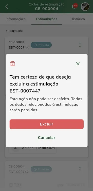 Confirmar exclusão de estimulação Confirmar exclusão de estimulação