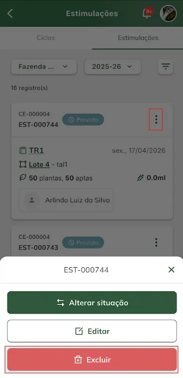 Excluir estimulação pela tela listagem de estimulações da propriedade Excluir estimulação pela tela listagem de estimulações da propriedade