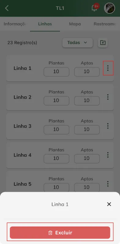 Excluir linha do talhão Excluir linha do talhão