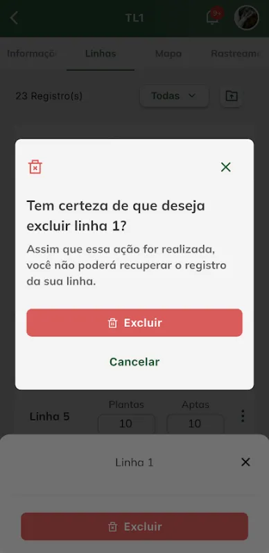 Excluir linha do talhão Confirmar exclusão de linha