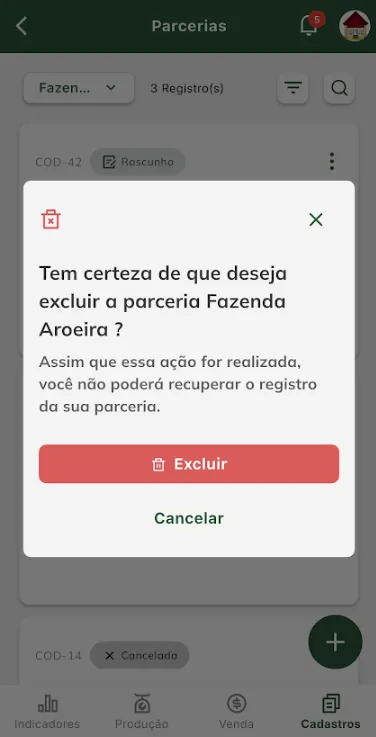 Tela: confirmar exclusão de parceria Confirmar exclusão da parceria
