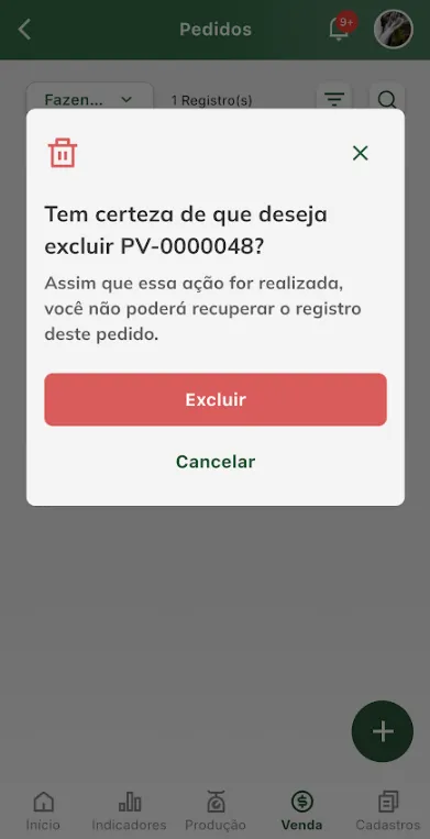 Confirmar exclusão do pedido de venda