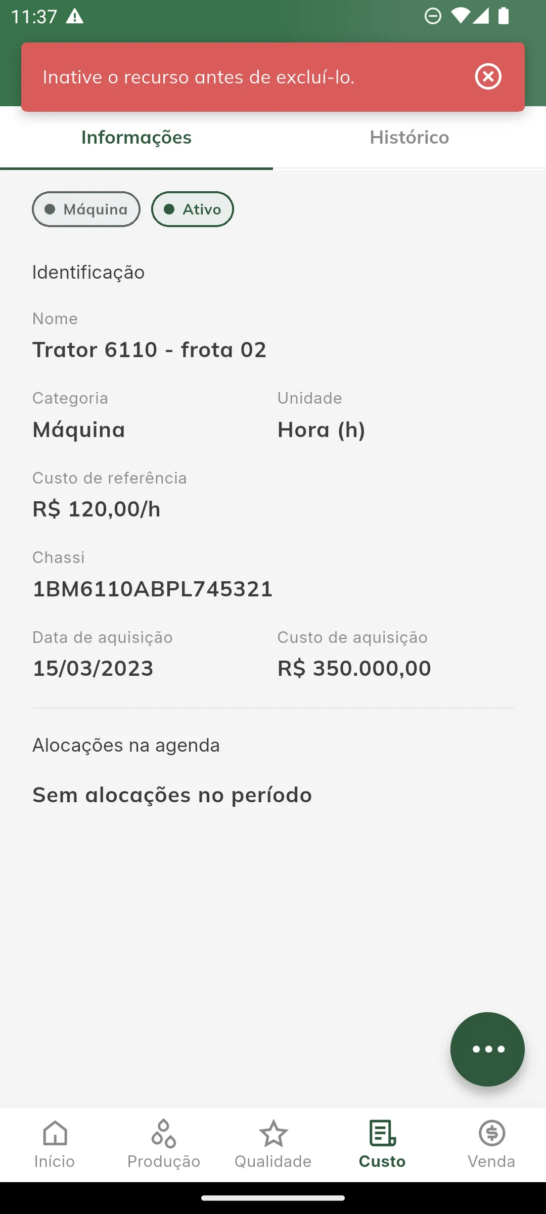 Exclusão de recurso ativo