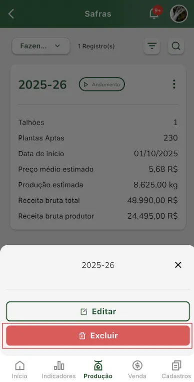 Iniciar exclusão de safra Iniciar exclusão de safra