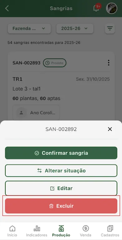 Excluir sangria Excluir sangria