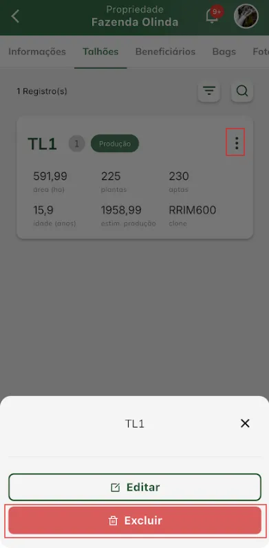 Excluir talhão Excluir talhão