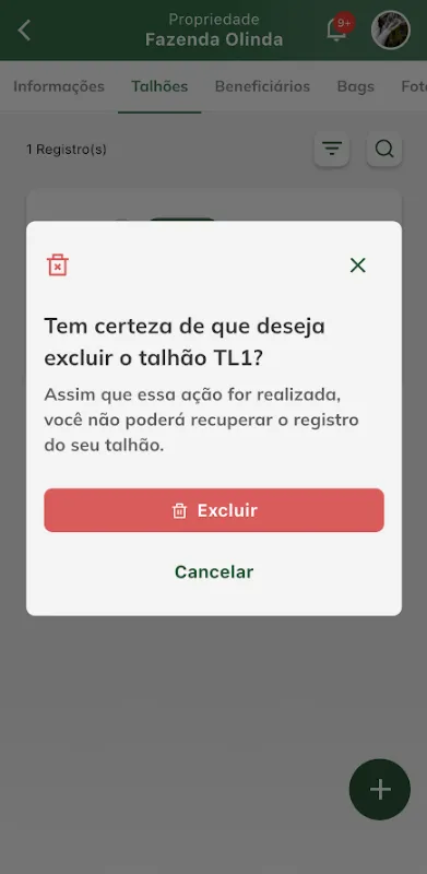 Confirmação de exclusão do talhão Confirmar exclusão do talhão
