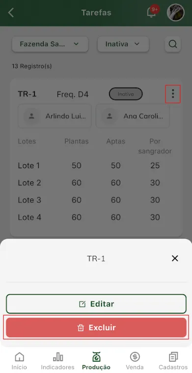 Iniciar exclusão de tarefa
