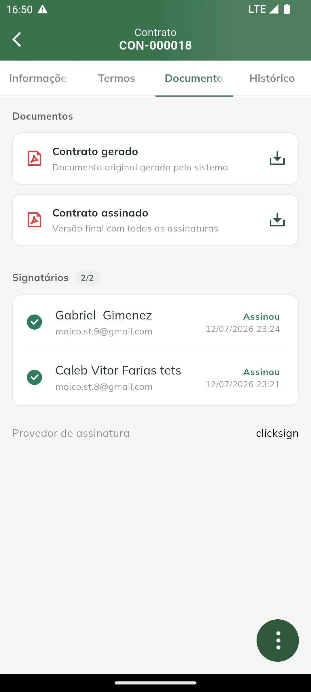 Aba Documentos do contrato