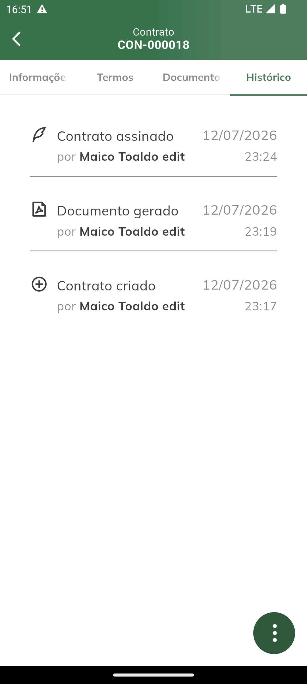 Aba Histórico do contrato