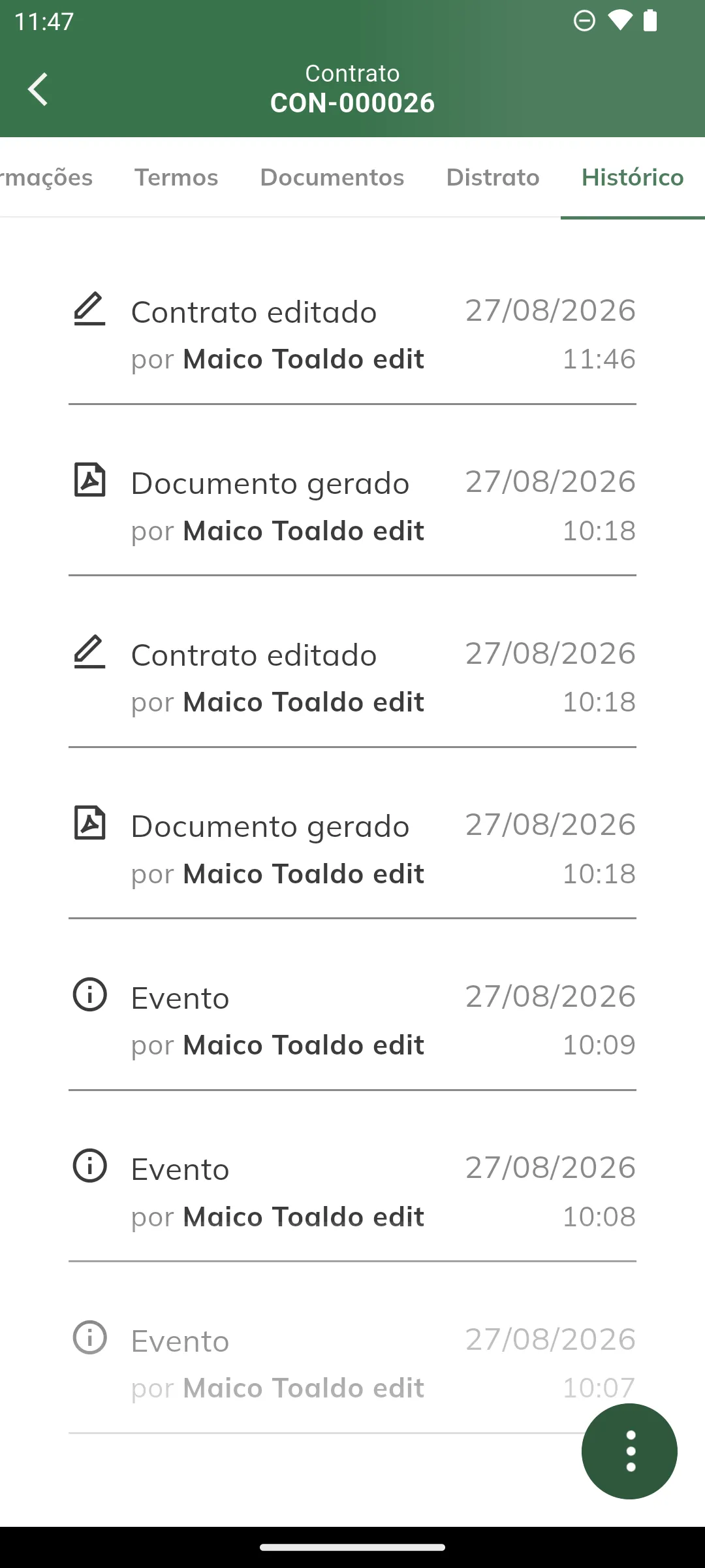 Aba Histórico do contrato