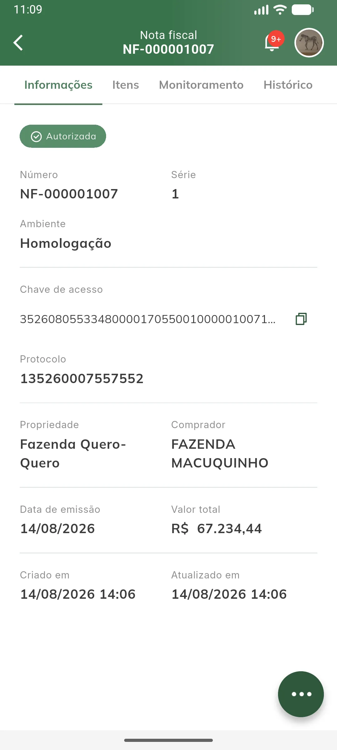Aba Informações de uma nota autorizada