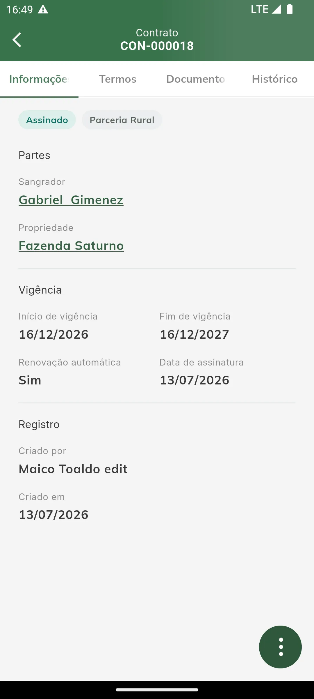 Aba Informações do contrato