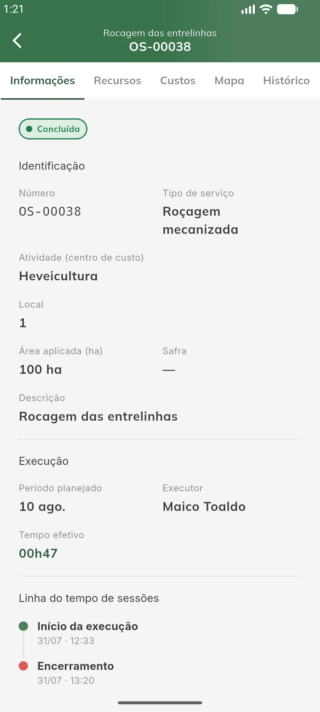 Aba de informações
