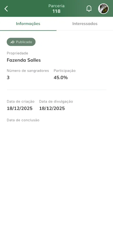 Tela: exibir informações de parceria Exibir informações de parceria