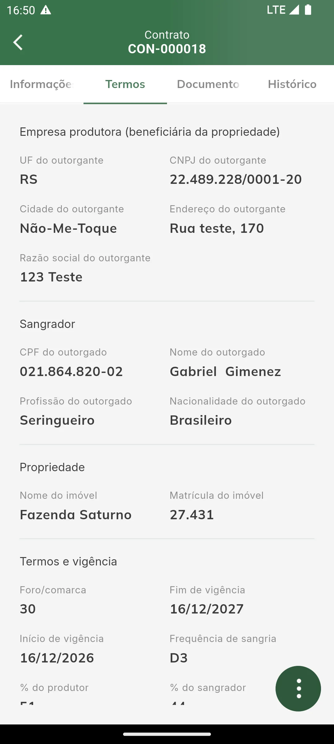 Aba Termos do contrato
