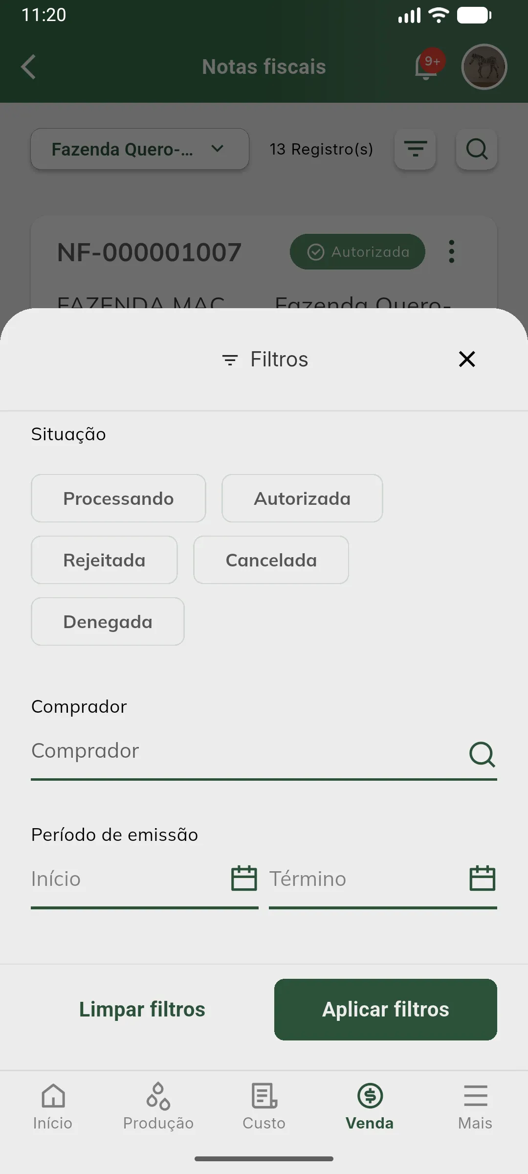 Filtros das notas fiscais