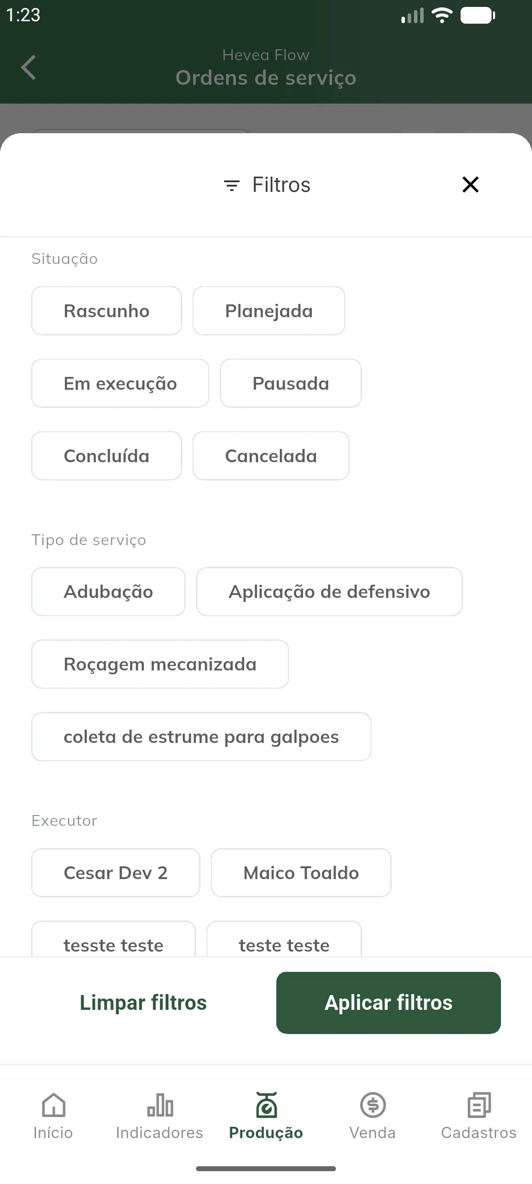 Filtros da listagem