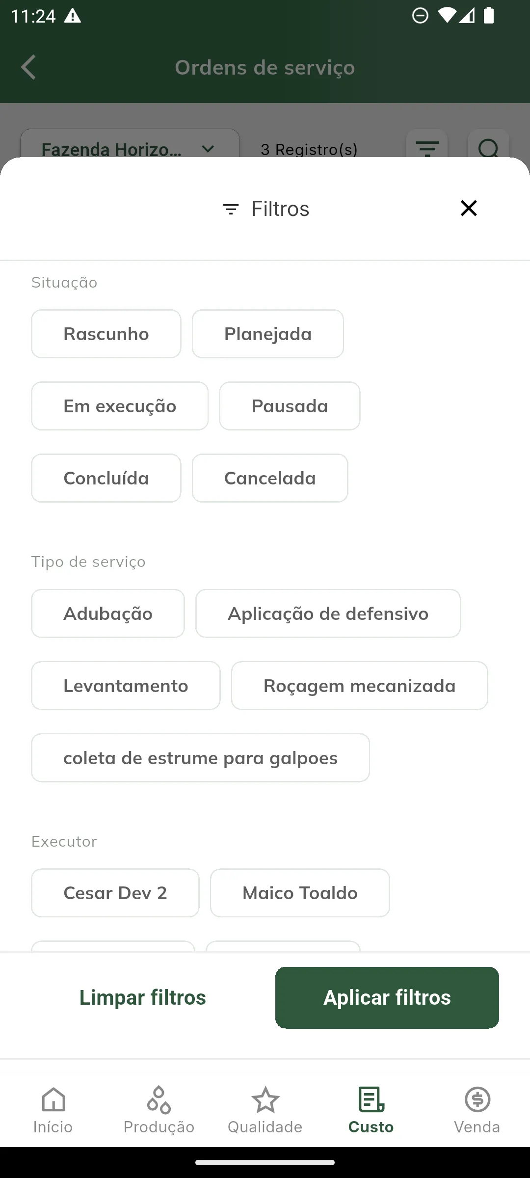 Filtros da listagem