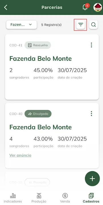 Tela: iniciar filtro pela parceria Filtrar parceria
