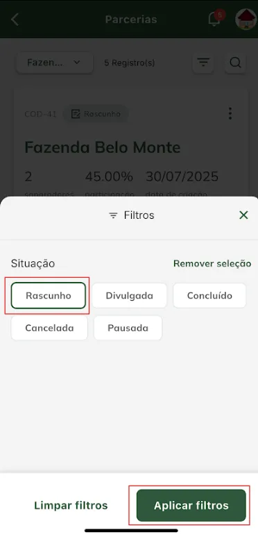 Tela: filtrar pela parceria Efetuar filtro de parceria