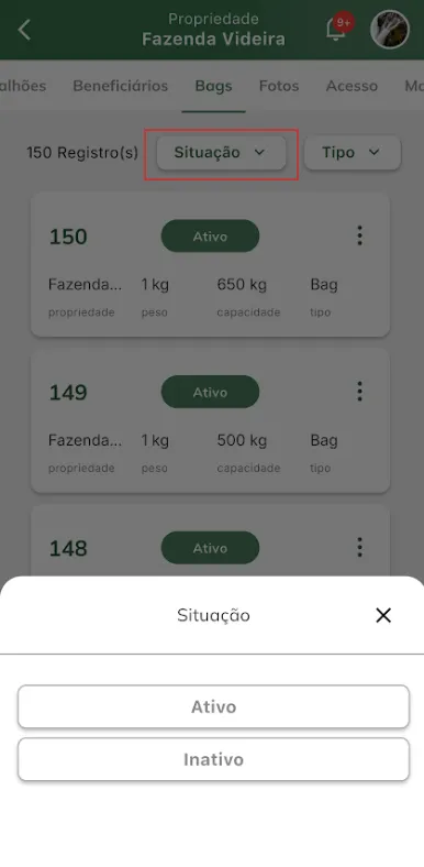 Filtro de bags por situação