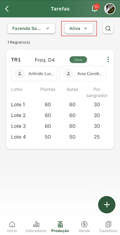 Filtro de tarefa por situação